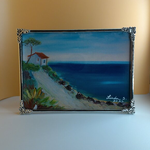 Cliff-side Red House, 5x7 Art print within a new silver color metal Frame - Picture 1 of 6